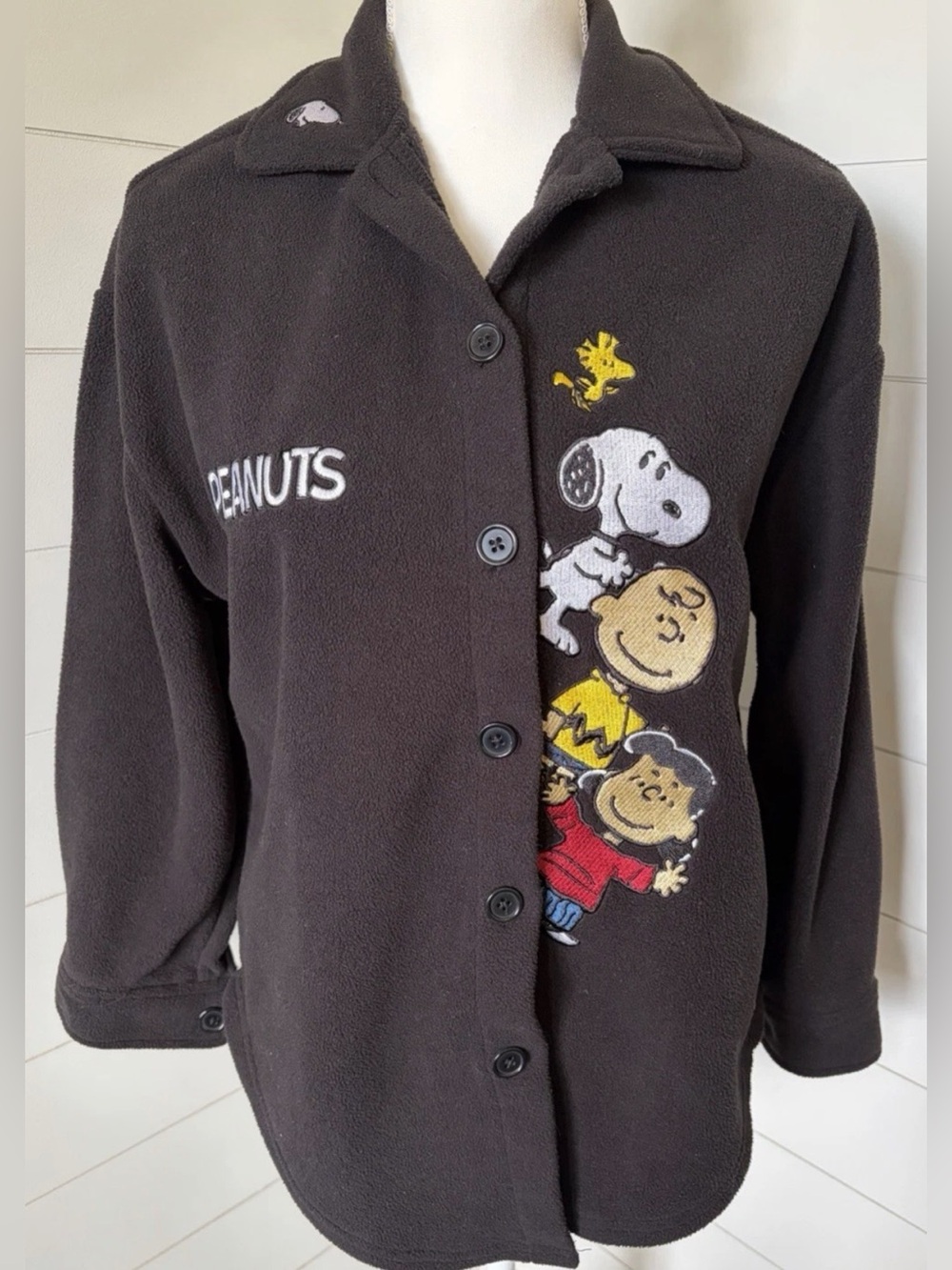 Peanuts Womens Shacket XS Black Fleece Button Up Embroidered Shirt Jacket